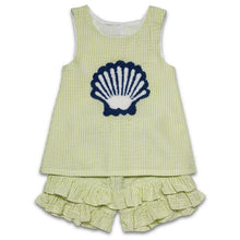 Load image into Gallery viewer, BABY GIRL GREEN &amp; BLUE SEERSUCKER SEA SHELL TUNIC&amp; SHORTS OUTFIT
