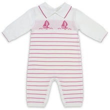 Load image into Gallery viewer, BABY GIRLS WHITE &amp; PINK NAUTICAL KNITTED BABYGROW
