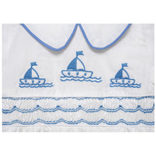 Load image into Gallery viewer, "SHIP AHOY"WHITE HAND-SMOCKED SAIL BOATS BABYSUIT.
