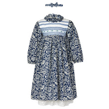 Load image into Gallery viewer, GIRLS HAND SMOCKED &amp; HAND EMBROIDERED NAVY FLOWERS COTTON DRESS.CLEARANCE

