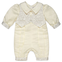 Load image into Gallery viewer, BABY BOYS SILK SATIN MOCK VEST "PRECIOUS MOMENT" ROMPER SUIT
