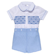 Load image into Gallery viewer, BABY BOYS "ROMEO" BLUE HAND SMOCKED BUSTER SUIT. LIMITED.
