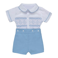 Load image into Gallery viewer, " BASILE " WHITE &amp; AQUA BLUE HAND-SMOCKED BUSTER SUIT. LIMITED
