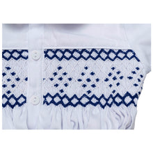 Load image into Gallery viewer, " NICKY " WHITE &amp; NAVY BLUE HAND-SMOCKED BUSTER SUIT. LIMITED
