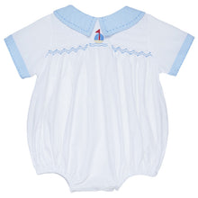 Load image into Gallery viewer, BABY BOYS "ADMIRAL " WHITE HAND-SMOCKED ROMPER.
