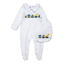 Load image into Gallery viewer, "ANIMAL TRAIN" BABY BOYS WHITE SMOCKED BABYGROW &amp; BIB SET 0-3 MONTHS
