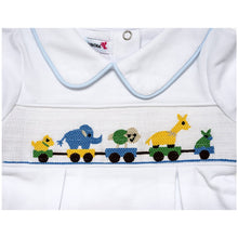 Load image into Gallery viewer, "ANIMAL TRAIN" BABY BOYS WHITE SMOCKED BABYGROW &amp; BIB SET 0-3 MONTHS
