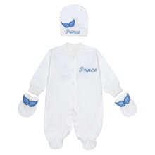 Load image into Gallery viewer, BABY BOYS " ANGEL WINGS " BABYGROW, HAT &amp; MITTENS GIFT SET. HANDMADE. LIMITED
