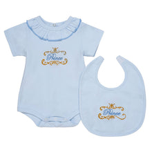 Load image into Gallery viewer, BABY BOYS "PRINCE" EMBROIDERED BODYSUITS AND MATCHING BIB SET.
