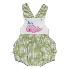 Load image into Gallery viewer, GREEN GINGHAM " WHALE" APPLIQUE BABY GIRL ONE- PIECE SUNSUIT.
