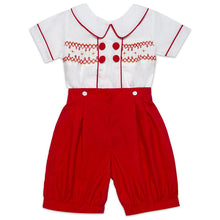 Load image into Gallery viewer, BOYS RED &amp; WHITE "GEORGE" HAND SMOCKED BUSTER SUIT
