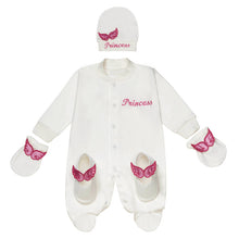 Load image into Gallery viewer, BABY GIRLS " ANGEL WINGS " BABYGROW, HAT, MITTENS &amp; SHOES GIFT SET. HANDMADE. LIMITED
