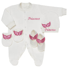 Load image into Gallery viewer, BABY GIRLS " ANGEL WINGS " BABYGROW, HAT, MITTENS &amp; SHOES GIFT SET. HANDMADE. LIMITED
