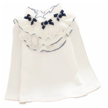 Load image into Gallery viewer, GIRLS IVORY &amp; NAVY RUFFLE NECK COTTON JERSEY " CHARMELLE " SMART TOP
