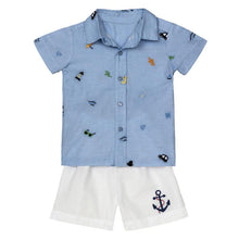 Load image into Gallery viewer, BOYS "PORTOFINO" BLUE EMBROIDERED SHIRT @ WHITE SHORTS 2PCS SET.
