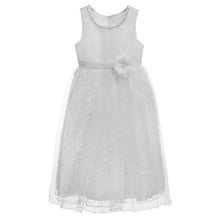 Load image into Gallery viewer, WHITE "ROYAL DAISY" TULLE/SATIN DRESS WITH SEQUINS ENCRUSTED SKIRT. CLEARANCE
