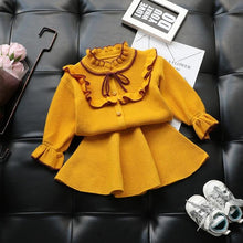 Load image into Gallery viewer, " NINA " MUSTARD - YELLOW WOOLEN BLEND KNITTED CARDIGAN @ SKIRT SET. 3 LEFT
