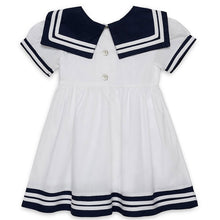 Load image into Gallery viewer, BABY GIRLS WHITE &amp; NAVY COTTON SAILOR DRESS.
