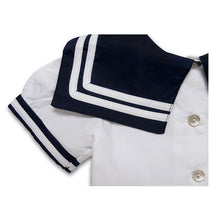 Load image into Gallery viewer, BABY GIRLS WHITE &amp; NAVY COTTON SAILOR DRESS.
