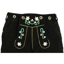 Load image into Gallery viewer, Ladies traditional Lederhosen short made of fine cowhide leather with floral embroidery and heart pocket, black
