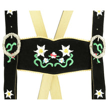 Load image into Gallery viewer, Ladies traditional Lederhosen short made of fine cowhide leather with floral embroidery and heart pocket, black
