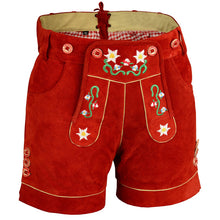 Load image into Gallery viewer, Ladies traditional Lederhosen short made of fine cowhide leather with floral embroidery and heart pocket, red
