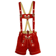 Load image into Gallery viewer, Ladies traditional Lederhosen short made of fine cowhide leather with floral embroidery and heart pocket, red
