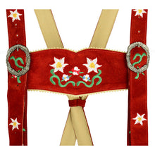 Load image into Gallery viewer, Ladies traditional Lederhosen short made of fine cowhide leather with floral embroidery and heart pocket, red
