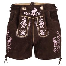 Load image into Gallery viewer, Sexy short ladies leather pants with pink embroidery in traditional brown
