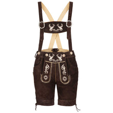 Load image into Gallery viewer, Attractive short leather trousers made of beautiful suede leather with traditional flora-fauna embroidery, brown
