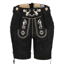 Load image into Gallery viewer, Attractive short ladies leather pants made of beautiful suede leather with traditional flora fauna embroidery, black
