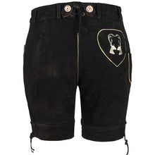 Load image into Gallery viewer, Attractive short ladies leather pants made of beautiful suede leather with traditional flora fauna embroidery, black
