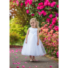 Load image into Gallery viewer, WHITE "ROYAL DAISY" TULLE/SATIN DRESS WITH SEQUINS ENCRUSTED SKIRT. CLEARANCE
