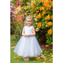 Load image into Gallery viewer, WHITE "ROYAL DAISY" TULLE/SATIN DRESS WITH SEQUINS ENCRUSTED SKIRT. CLEARANCE
