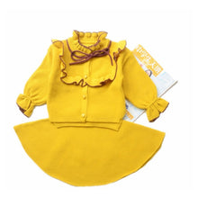 Load image into Gallery viewer, " NINA " MUSTARD - YELLOW WOOLEN BLEND KNITTED CARDIGAN @ SKIRT SET. 3 LEFT

